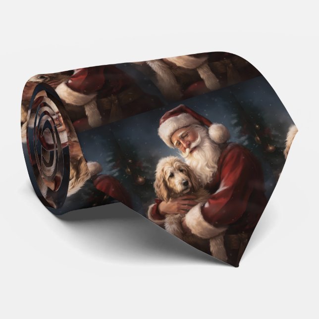 Gravata Goldendoodle com Papai Noel Natal Festivo (Rolled)