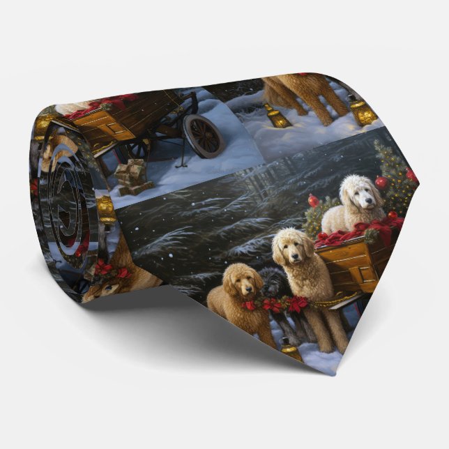 Gravata Goldendoodle Snowy Sleigh Decência de Natal (Rolled)