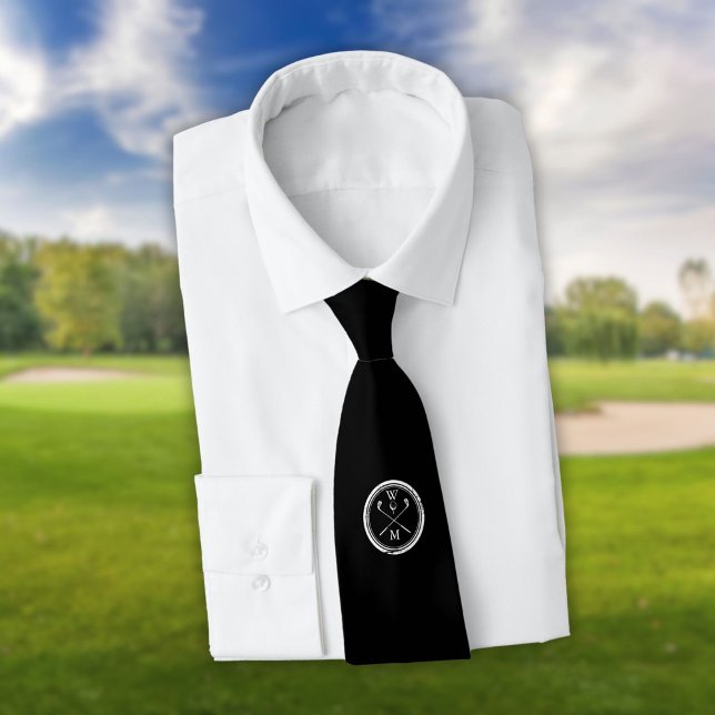 Gravata Golf Preto e Branco com Monograma Personalizado (Personalized Monogram Black And White Golf Neck Tie)