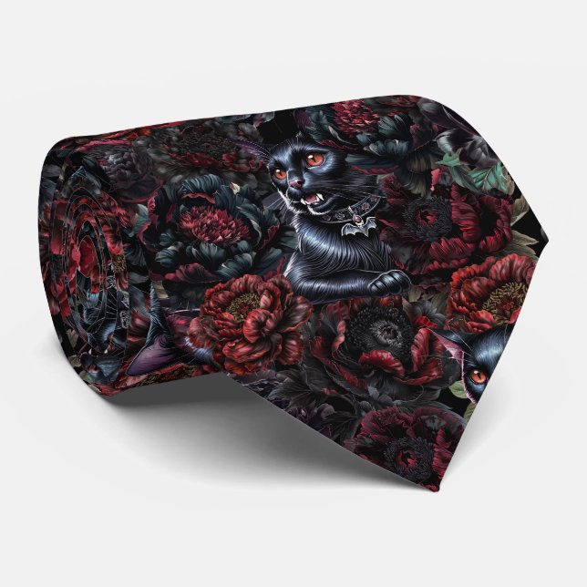 Gravata Gothic Black Cat & Dark Flowers Pattern  (Rolled)