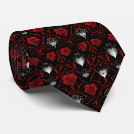 Gravata Gothic Red Roses Silver Hearts