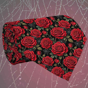 Gravata Gótica de Rosas Vermelhas e Teias de Aranh