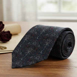 Gravata Gótico Sombrio Corvo e Lua Crescente Damask
