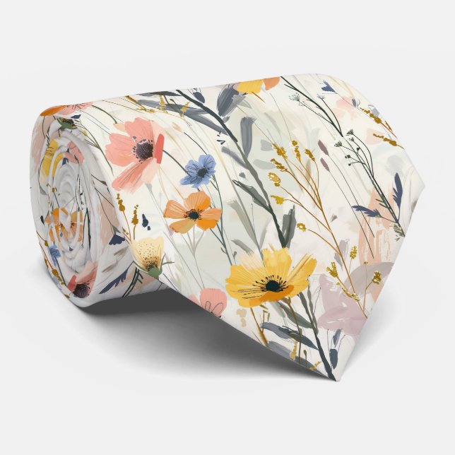 Gravata Gouache Meadow Flowers Padrão (Rolled)