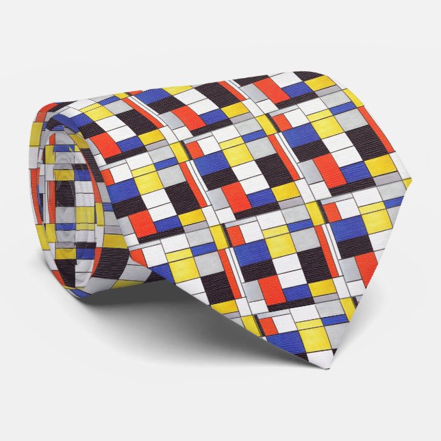 Gravata Grade Mondrian – Blocos de Arte Abstrata (Rolled)