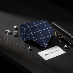 Gravata Grade Naval Azul e Branco Minimalista em Xadrez de