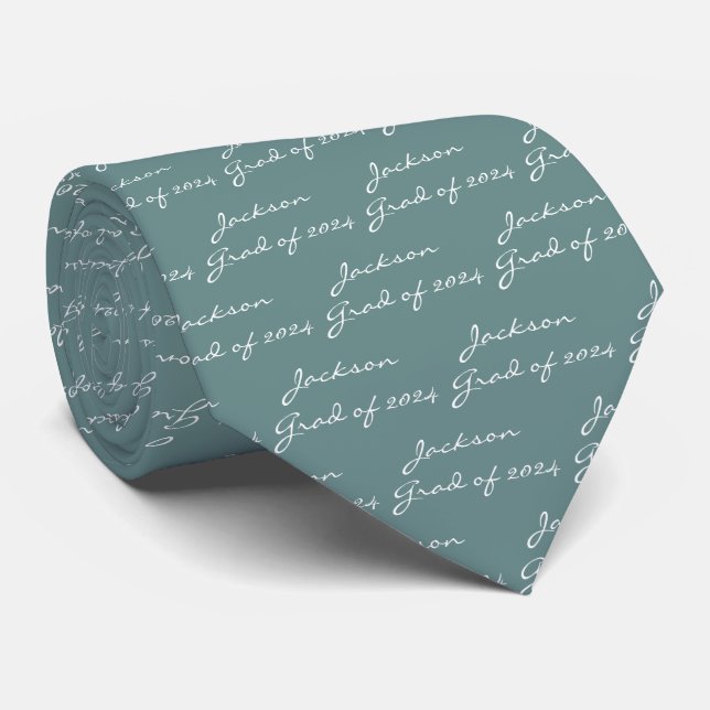 Gravata Graduação White Script Sage Green Personalizado (Rolled)