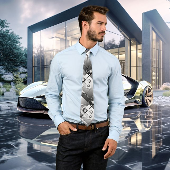 Gravata Gravação de Deco de Arte Branca e Negra (Playful black and white tie with an original art deco design)