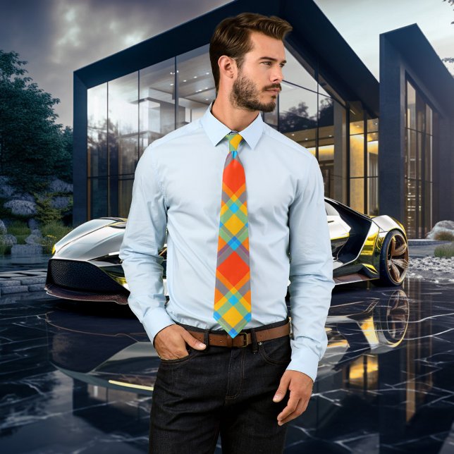 Gravata Gravação de Padrão de Xadrez Colorida Negrito (Tie featuring a fantasy geometric plaid pattern in bold colors.)