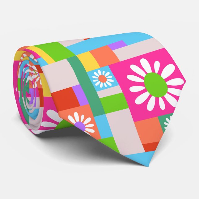 Gravata Groovy Checkered Retro Minimalist Floral Art (Rolled)