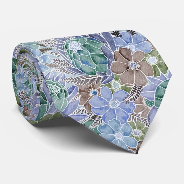 Gravata Groovy Retro Blue Protea E Padrão De Margarida (Rolled)