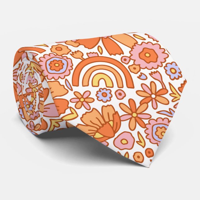 Gravata Groovy Retro Orange Florals (Rolled)