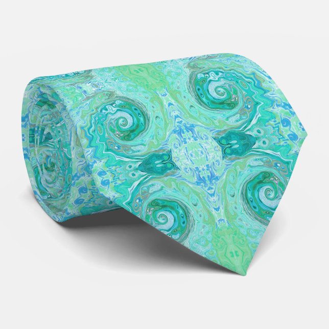 Gravata Groovy Retro Verde Menta e Azul Redemoinho (Rolled)