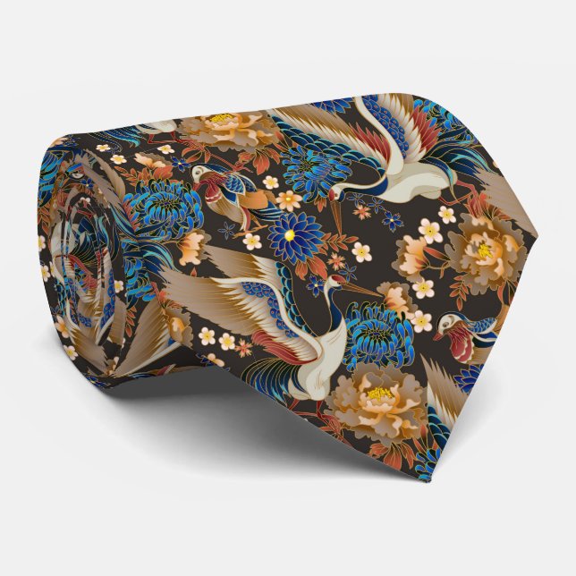 Gravata Grua Japonesa Elegante E Crisântemo Azul (Rolled)