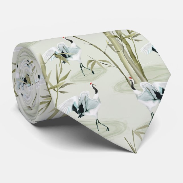 Gravata Gruas Japonesas e Padrão de Aquarela de Bambu (Rolled)
