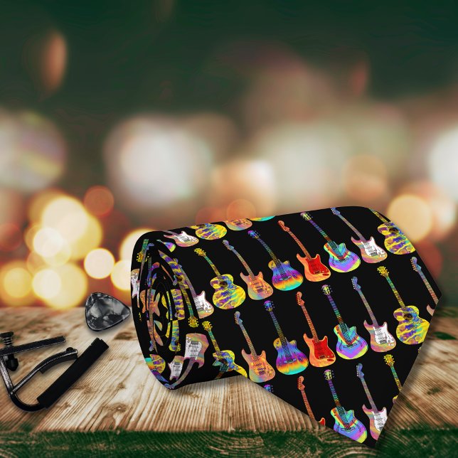 Gravata Guitarras coloridas padrão aquoso (Colorful guitar pattern black tie for guitarists, musicians, guitar teachers and music lovers)
