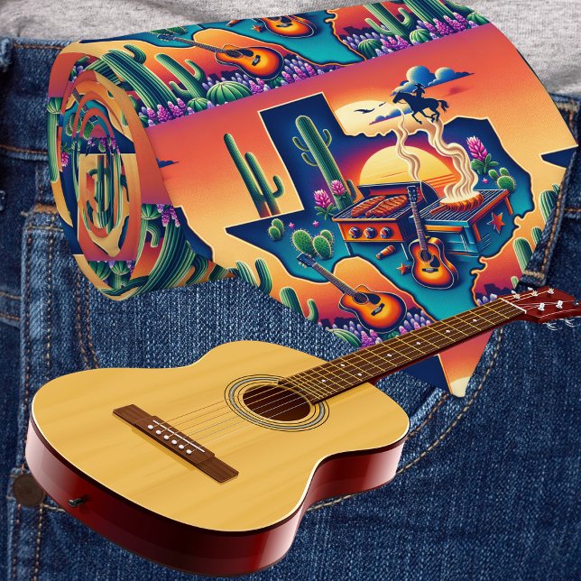 Gravata Guitarras e Sunset de CHURRASCO de Forma do Texas (Texas themed necktie with grill/BBQ pit, guitars cactus and sunset.)