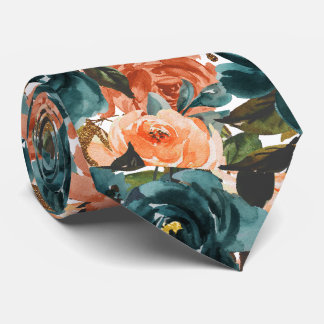 Gravata H2 Flores Azul Turquesa e Laranja Ferrugem Rosas