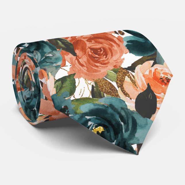 Gravata H2 Flores Azul Turquesa e Laranja Ferrugem Rosas   (Rolled)