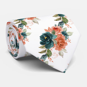 Gravata H2 Flores Azul Turquesa e Laranja Ferrugem Rosas