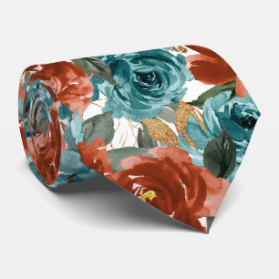 Gravata H2 Flores Azul Turquesa Laranja Ferrugem Rosas
