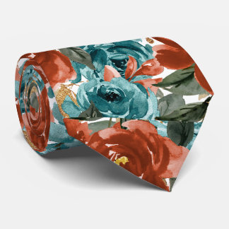 Gravata H2 Flores Azul Turquesa Laranja Ferrugem Rosas