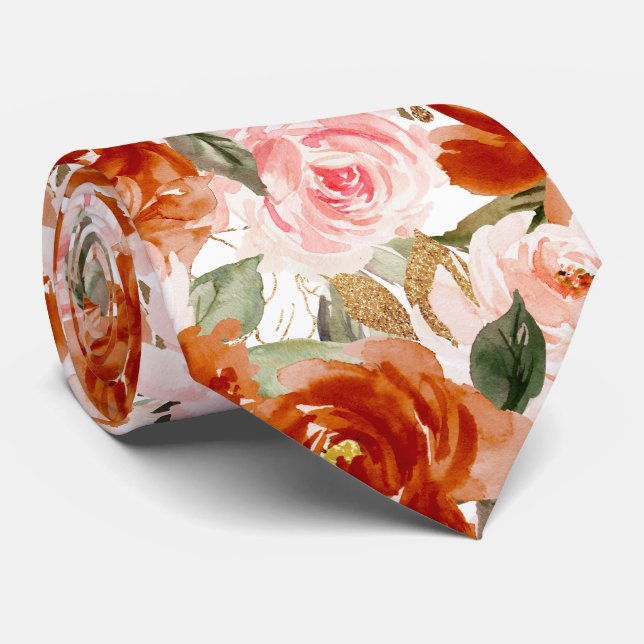 Gravata H2 Flores Ferrugem Laranja Blush Rosas   (Rolled)