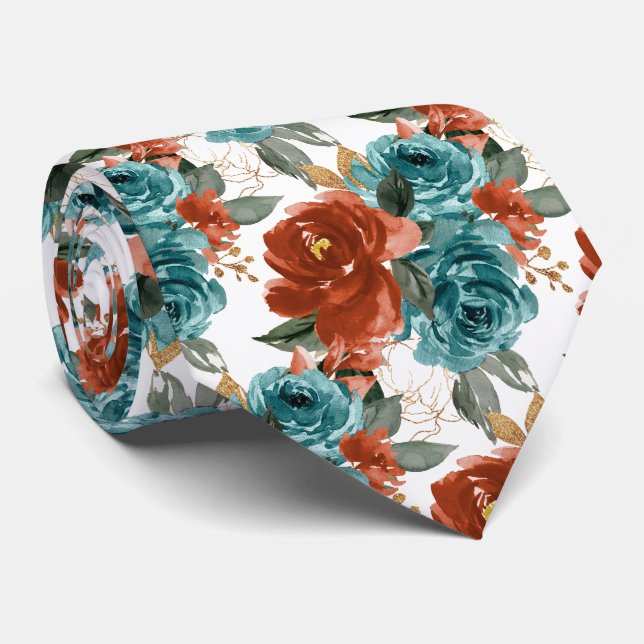 Gravata H2 Flores Teal Verde Ferrugem Laranja Rosas   (Rolled)