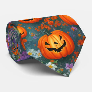 Gravata Halloween Jack-o-lanternas E Flores Roxas