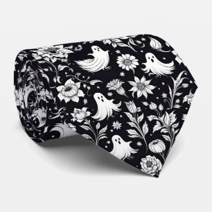 Gravata Halloween Preto e Branco Fantasmas Floral