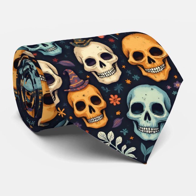 Gravata Halloween Skulls and Flowers (Rolled)