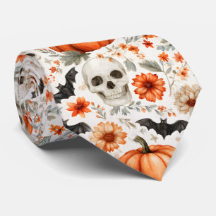 Gravata Halloween Skulls flores e abóboros
