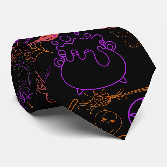 Gravata Halloween Witchcraft Pattern Neon 01 Black BG (Rolled)