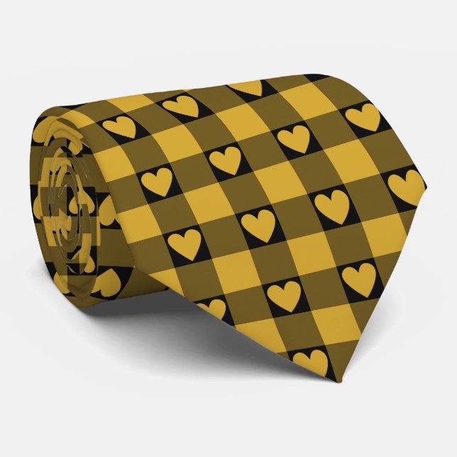 Gravata Harvest Gold Black Buffalo Heart Plaid Neck Tie (Rolled)