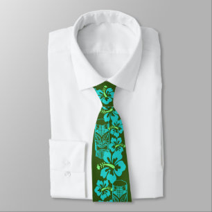 Gravata Hawaiian Hibiscus & Tiki "Live Pono" Retro Green