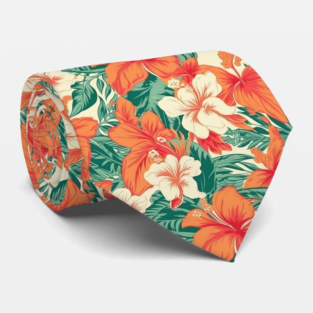 Gravata Hawaiian vibe tropical flowers leaves pattern 2 (Rolled)