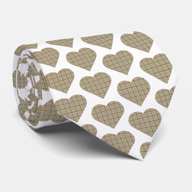 Gravata Heart Shaped Plaid Tan Blue White Neck Tie (Rolled)