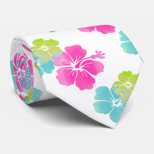 Gravata Hibisco Rosa/Verde/Azul Aqua/Floral Havaiano