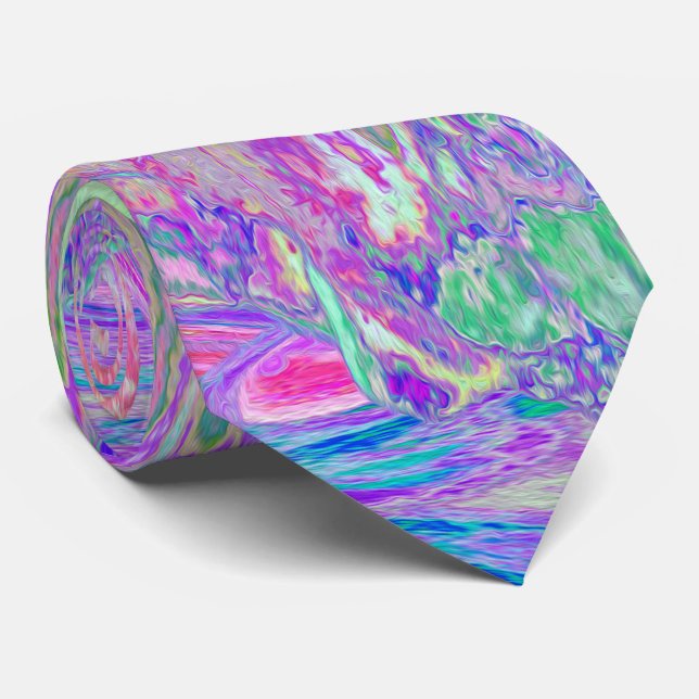 Gravata Hibisco Roxo e Verde Lima Psicodélico Trippy (Rolled)