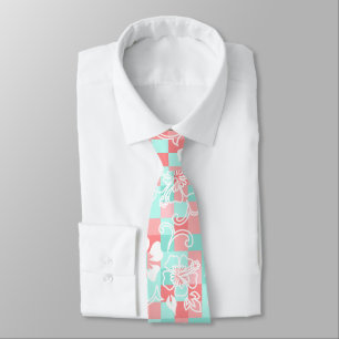 Gravata Hibisco Xadrez Floral Havaiano - Menta