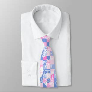 Gravata Hibisco Xadrez Floral Havaiano - Rosa Peri