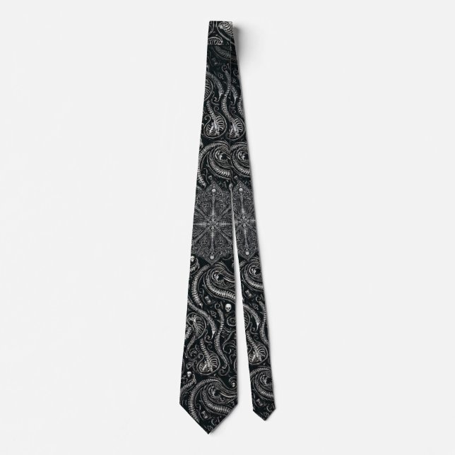 Gravata Hidden Skull & Spine Paisley | Silver Black Gothic (Frente)