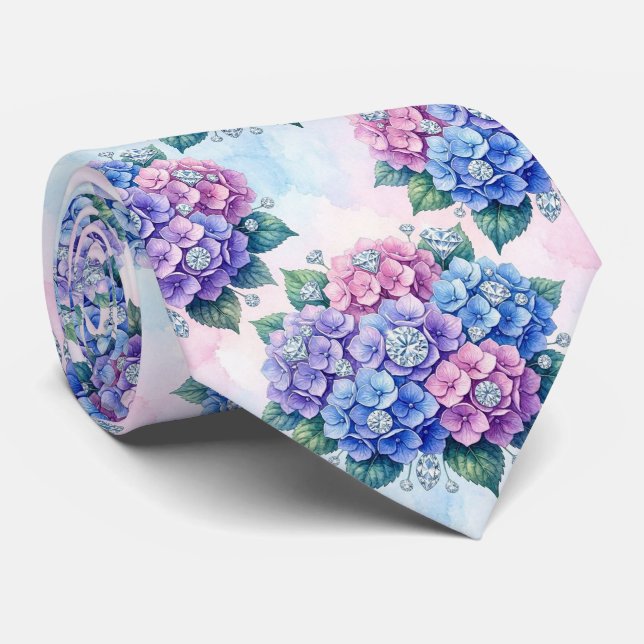 Gravata Hortênsias & Diamantes | Pescoço de Casamento e Ev (Rolled)