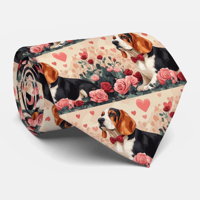 Gravata Hound Basset com Rosas - Dia de os namorados (Rolled)