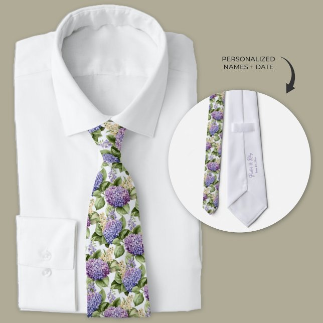 Gravata Hydrangeas Púrpura Aquarela Personalizada (Purple Hydrangeas personalized wedding neckties)