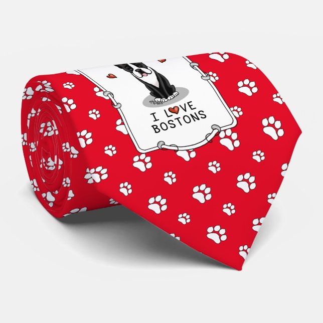 Gravata I Love Bostons Boston Terriers (preto e branco) (Rolled)