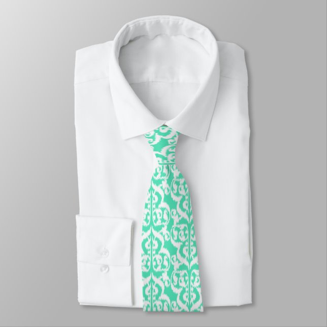 Gravata Ikat Moorish Damask - aqua e branco (Amarrado)