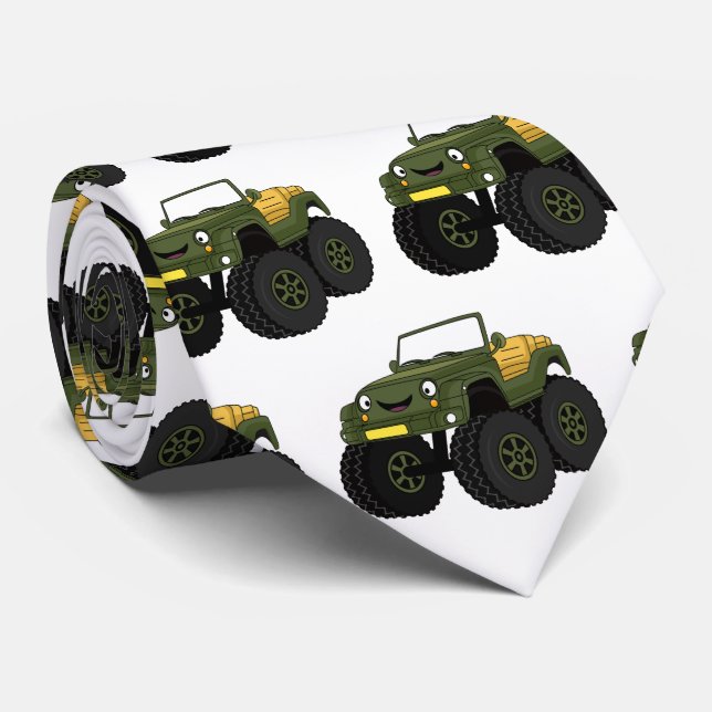 Gravata Ilustração de desenho de um caminhão monstro verde (Rolled)