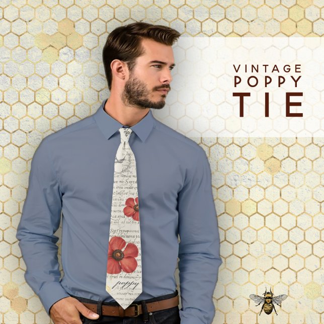 Gravata Ilustração Vintage Poppy no Newsprint (Vintage Poppy Illustration on Newsprint Neck Tie)