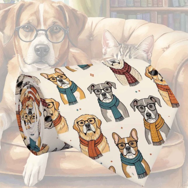 Gravata Ilustrações de Cães Hipster com Óculos (Criador carregado)